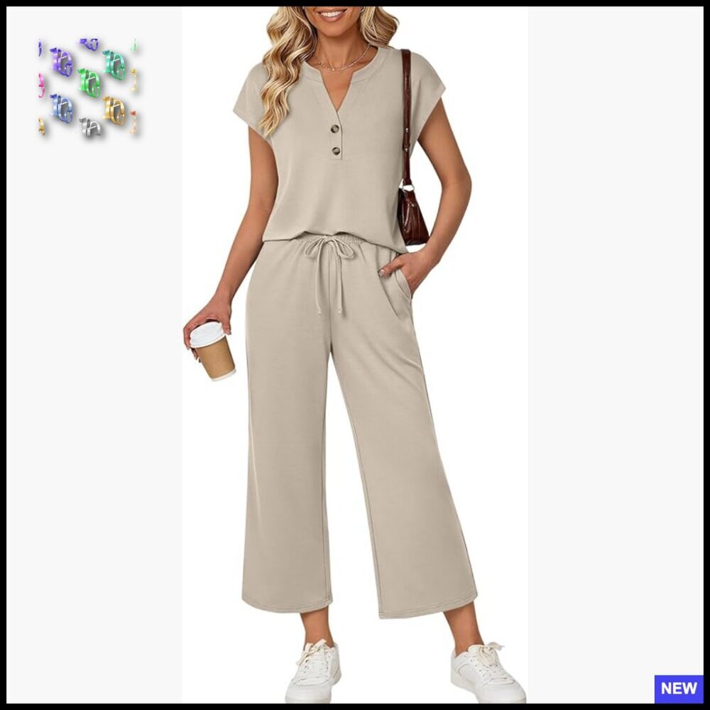 Two Piece Lounge Set V-Neck Top Cropped Pants Casual Elegant Travel Outfit